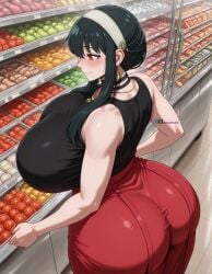 1girls ai_generated angel_yukkis ass_focus big_ass breasts curvy curvy_female curvy_figure day fat_ass nipples oppai pussy pussy_juice sexy_female sexy_pose shop skirt sleeveless_shirt spy_x_family sweat tits voluptuous_female wet_pussy yor_briar yor_forger