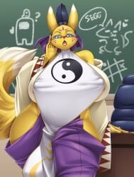 1girls anthro big_breasts black_sclera blue_eyes breasts chalkboard classroom clothed clothes color colored digimon dipstick_tail female fluffy_tail furry furry_only glasses large_breasts lipstick looking_at_viewer markings mleonheart nipple_bulge open_mouth solo solo_female surprised surprised_expression tail taomon teacher text tic-tac-toe white_fur yellow_body yellow_fur