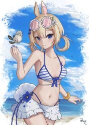 1girl animal_ears bangs bare_shoulders bikini bikini_skirt bird blonde_hair blue_bikini blue_eyes blue_sky breasts bunny_ears closed_mouth cloud collarbone day flower hair_flower hair_ornament halterneck highleg_bikini indie_virtual_youtuber looking_at_viewer navel seagull short_hair skirt sky small_breasts smile solo stomach striped striped_bikini sunglasses swimsuit virtual_youtuber vyugen white_flower yenko