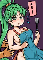 apron breast_grab double_breast_grab fire_emblem fire_emblem:_the_blazing_blade groping heart-shaped_pupils imminent_breast_grab imminent_sex lyn_(fire_emblem) mark_(fire_emblem) naked_apron nintendo sassa spatula