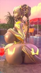ass asshole big_ass big_breasts breasts donut_anus draenei fehaa'ra futanari horns horsecock huge_ass huge_breasts huge_cock looking_at_viewer looking_back oc pierced_nipples pool runes tail tits