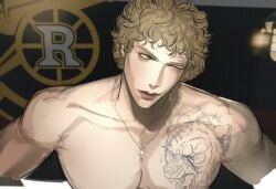 1boy abs auebumbum blonde_hair chest hazel_eyes headshot_portrait heated_rivalry ilya_rozanov male male_focus male_only necklace pecs russian solo solo_focus solo_male tattoo tiger_tattoo wink winking