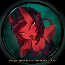 brown_hair demon demon_girl demon_horns demon_tail devil devil_girl devil_horns devil_tail large_breasts meru_(merunyaa) meruccubus_(merunyaa) merunyaa original original_character peephole red_skin succubus succubus_horns succubus_tail tagme yellow_eyes