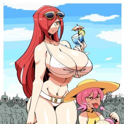 2girls beach bikini egret emotionless glasses_on_head holding_cup huge_breasts ice_cream light-skinned_female long_hair mannungei multiple_boys parasoul pink_hair red_hair skullgirls slim_waist sticking_out_tongue sun_hat umbrella_(skullgirls)