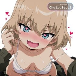 1girl ai_assisted ai_generated anime_screencap big_ass bouncing_breasts bra_down detailed_face doggy_style fang fucked_into_submission fucked_silly girls_und_panzer heart_eyes heart_shaped_pupils katyusha_(girls_und_panzer) looking_at_viewer open_mouth pov seductive_look seductive_smile short_hair simple_background smile solo thicc_ass thicc_thighs torn_clothes upper_body vaginal_sex wants_to_fuck wide_hips