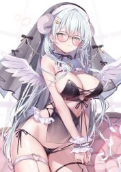 1girl ame_usari angel_wings aqua_hair between_labia blush bondage bow_panties bra breasts clothed collar detached_collar frilled_collar frilled_wrist_cuffs frills glasses hair_ornament highres horn large_breasts long_hair megane nun nun_outfit nun_veil original panties side-tie_panties straight_hair string_panties thigh_strap tied_hands wedgie wings wrist_cuffs