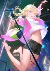 1girls baseball_cap belly black_headwear black_shorts blonde_hair braid braided_hair female female_only hoodie jumping microphone multicolored_clothes navel on_stage oni_horns paripi_koumei solo stage tsukimi_eiko