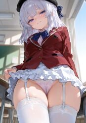 1girls ai_generated blush cameltoe classroom_of_the_elite female female_focus female_only from_below krowenx looking_at_viewer looking_down panties presenting sakayanagi_arisu school_uniform skirt skirt_lift smile solo solo_female solo_focus standing straps thick_thighs thighhighs thighs