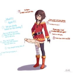 aqua_(konosuba) aroused bandaged_leg big_balls big_penis blushing boots brown_hair collar evli_art flat_chest futanari hard_cock hard_on konosuba leaking_cum megumin no_bra no_panties red_dress red_eyes short_hair shoulderless_shirt shoulders sigh stockings text younger_female