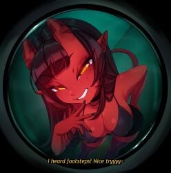 brown_hair demon demon_girl demon_horns demon_tail devil devil_girl devil_horns devil_tail large_breasts meru_(merunyaa) meruccubus_(merunyaa) merunyaa original original_character peephole red_skin succubus succubus_horns succubus_tail tagme yellow_eyes