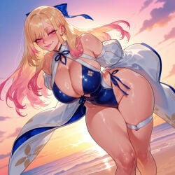 1girl 1girls ai_generated arms_behind_back balecxi barbell_piercing bare_shoulders beach blonde_hair blue_one-piece_swimsuit blush bow breasts casual_one-piece_swimsuit cleavage closed_mouth clothing colored_tips cosplay covered_navel curvaceous curvaceous_female curvaceous_figure curvy curvy_figure detached_sleeves ear_piercing earrings female female_focus gradient_hair gradient_sky gyaru hair_bow hair_ribbon highleg highleg_swimsuit huge_breasts industrial_piercing inviting inviting_to_sex jewelry kitagawa_marin large_breasts leaning_forward lips long_hair long_sleeves looking_at_viewer multicolored_hair my_dress_up_darling ocean one-piece_swimsuit outdoors piercing pink_eyes pink_hair presenting presenting_ass presenting_breasts presenting_hindquarters presenting_pussy presenting_self red_eyes ribbon seductive seductive_look seductive_smile shiny_skin skindentation sky smile solo sono_bisque_doll_wa_koi_wo_suru standing sunset swimsuit thick_thighs thigh_strap thighs voluptuous voluptuous_female wet white_sleeves wide_hips wide_sleeves