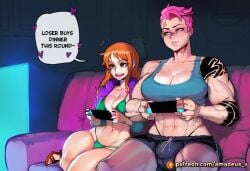 2girls abs ai_generated amadeus_v brown_eyes bulge confident couch cowboy_shot dim_lighting futanari grey_eyes grin holding_controller huge_ass huge_breasts jacket living_room long_hair looking_at_screen medium_breasts muscular muscular_female nami_(one_piece) neon_lighting night nintendo_switch one_piece open_mouth orange_hair overwatch pink_hair playing_games scar shoes short_hair shorts side-by-side sitting tank_top thick_thighs thong tv undercut wide_hips zarya_(overwatch)
