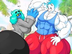 bara bloob_(omegabrawl) blushing clothed flake_(omegabrawl) huge_ass huge_breasts lustful_gaze muscular_male omegabrawl tagme