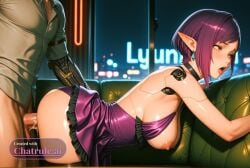 1girl 1girl1boy 8k ahegao_face ai_assisted ai_generated asian asymmetrical_hair backless_dress black_trim body_freckles breasts_out brown_eyes choker chromatic_aberration creampie cute_girl cyborg detailed_background detailed_body doggy_style doggy_style_sex earrings freckles game_cg game_screenshot high_quality highres kissing large_breasts large_cock link lots_of_cum man moaning night_time pointy_ears purple_dress purple_hair purple_panties scenery short_dress short_hair side_view songbird swept_bangs toned unhappy zettai_ryouiki