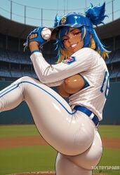 1girl ai_generated artist_name ass ball bandaid bandaid_on_face bandaid_on_nose baseball baseball_cap baseball_uniform belt blonde_hair blue_belt blue_gloves blue_hair blue_headwear bra_pull breasts breasts_out brown_eyes clothes_pull dark-skinned_female dark_skin fingerless_gloves futarush gloves grin hair_through_headwear hat holding holding_ball large_breasts leg_up lips looking_at_viewer multicolored_hair neon_(valorant) nipples pants partially_fingerless_gloves patreon patreon_username riot_games shiny_skin smile solo sportswear stadium standing sultryspark two-tone_hair two_side_up underwear valorant white_pants