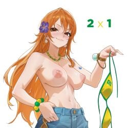 1girls araigumasully blue_jeans brazilian_flag breasts female female_only holding_bikini_top jeans light-skinned_female nami_(one_piece) nipples one_piece red_hair red_hair_female solo_female tagme topless topless_female topless_jeans white_background