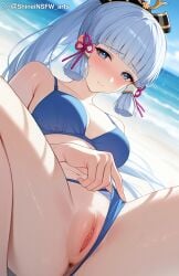 1girls ai_generated blue_eyes blue_hair genshin_impact kamisato_ayaka looking_at_viewer pussy pussy_focus pussy_juice shineinsfw solo uncensored wet