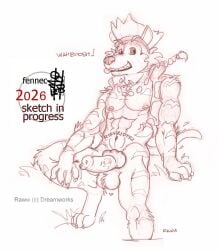 1boy 2026 abs animal_genitalia balls dated dreamworks erection fennec_(artist) forgotten_island furry furry_only male male_only monochrome muscular nipples penis raww_(forgotten_island) solo traditional_media weredog