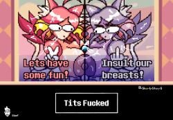 cumshot deltarune deltarune_chapter_5 double_paizuri flowery funny mad_dummy mad_mew_mew paizuri pixel_art shorty_stories