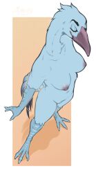 anthro avian barely_visible_genitalia barely_visible_pussy beak bird bird_feet blue_body blue_crane blue_feathers breasts cellina claws closed_eyes crane_(bird) feathers female genitals gruiform grus_(genus) hi_res high-angle_view nipples non-mammal_breasts nude pupbii pussy scuted_arms smile solo tail_feathers