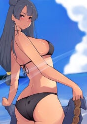 1girl absurdres ass bikini black_bikini blue_hair blue_sky blush breasts cloud commentary_request ear_piercing earrings genjitsu_no_yohane hair_bun highres holding holding_unworn_clothes jewelry large_breasts long_hair looking_at_viewer love_live! love_live!_sunshine!! mature_female outdoors piercing red_eyes single_hair_bun sky solo sunlight sweat swimsuit tan tsushima_yoshiko's_mother water