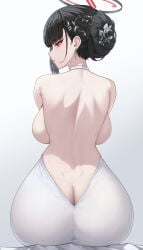 1girls absurdres alternate_costume alternate_hairstyle ass back backboob black_hair blue_archive breasts bright_pupils choker dress earrings female floralmi halo highres jewelry large_breasts long_hair looking_at_viewer looking_back parted_lips red_eyes ringed_eyes rio_(blue_archive) simple_background sitting solo white_background white_dress white_pupils