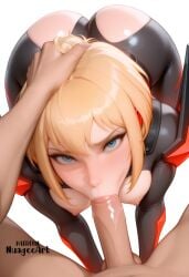 1boy 1girl :>= ai_generated all_fours artist_name ass bangs blonde_hair blue_eyes blush bodysuit breast_cutout breasts clothed_female_nude_male dc_comics erection explicit fellatio head_grab hetero irrumatio kara_zor-el looking_at_viewer medium_breasts my_adventures_with_superman nipples nuageeart oral penis pov short_hair simple_background solo_focus supergirl supergirl_(my_adventures_with_superman) superman_(series) uncensored veins veiny_penis white_background