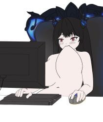 animated black_hair blinking bluesenshi blush chair completely_nude computer hololive hololive_advent hololive_english horns keyboard meme mouse_(computer) nerissa_ravencroft nude red_eyes self_sucking self_upload tagme video