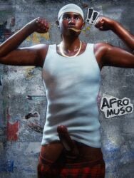1boy 3d 3d_(artwork) afromuso big_dick big_lips big_penis black_male black_nails blender_(software) blender_eevee_next boxers_(clothing) condom_in_mouth dark-skinned_male dark_skin durag earrings flexing fortnite fortnite:_battle_royale gold_chain jewelry killian_(fortnite) looking_at_viewer loose_clothes male male_only necklace painted_nails plaid_underwear plump_lips self_upload sleeveless_shirt sweat sweating undershirt very_dark_skin watermark