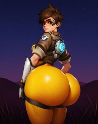 1girls ai_generated ass ass_focus big_ass big_breasts british_female brown_hair bubble_ass bubble_butt butt_focus creamyycakes dumptruck_ass gauntlets gloves googles huge_ass huge_breasts leather_jacket looking_back night outside overwatch overwatch_2 phat_ass short_hair smiling standing strap thick thick_thighs tights tracer
