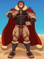 41raco balls bara beard censored_penis facial_hair fate/zero fate_(series) flaccid gay iskandar_(fate) kirupi looking_at_viewer male male_only muscles muscular penis pixelated_penis red_hair rider smiling solo solo_male veiny_muscles