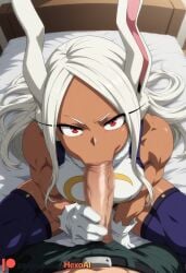 1boy 1girl :>= ai_generated animal_ears bare_shoulders bed boku_no_hero_academia breasts censored crescent_print dark-skinned_female dark_skin erection fellatio from_above gloved_handjob gloves hetero hexogen highleg highleg_leotard large_breasts leotard long_eyelashes long_hair looking_at_viewer midoriya_izuku mirko mosaic_censoring muscular muscular_female on_bed oral parted_bangs patreon_username penis pov rabbit_ears rabbit_girl red_eyes sitting sleeveless sleeveless_turtleneck sleeveless_turtleneck_leotard solo_focus taut_leotard thighhighs thighs turtleneck turtleneck_leotard v-shaped_eyebrows white_gloves white_hair white_leotard