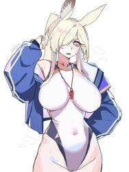 1girl animal_ears artist_request long_hair looking_at_viewer one-piece_swimsuit sharp_teeth