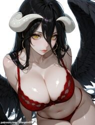 1girl ai_generated albedo_(overlord) arlequin097 arm_support bare_shoulders black_feathers black_hair black_wings bow_bra bra breasts cleavage closed_mouth collarbone demon_girl demon_horns earrings feathered_wings feathers hair_between_eyes hoop_earrings horns jewelry large_breasts lingerie lips long_hair looking_at_viewer low_wings navel overlord_(maruyama) panties red_bra red_panties shiny_skin simple_background sitting slit_pupils solo stomach thigh_gap thighs underwear underwear_only very_long_hair white_background white_horns wings yellow_eyes