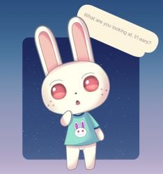 animal_crossing anthro bottomless clothed clothing dialogue digital_media_(artwork) english_text female fur furry furry_only genitals hi_res lagomorph leporid looking_at_viewer luniel mammal nintendo partially_clothed pussy rabbit red_eyes ruby_(animal_crossing) simple_background solo speech_bubble text topwear video_games white_body white_fur