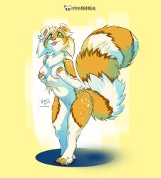 ailurid anthro breasts colored derideal digital_drawing_(artwork) digital_media_(artwork) english_text female fluffy fluffy_tail fur furry furry_only green_eyes hi_res icon kiaun long_tail mammal monochrome naked nude orange_and_white orange_body orange_fur red_panda round_ears shaded signature simple_background smile solo symbol tail text tongue tongue_out tuft url white_body white_fur