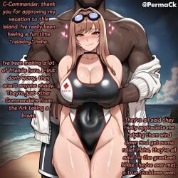 1boy 1girls ai_generated beach belly_button big_breasts breasts brown_eyes brown_hair butt_fang caption choker cleavage dialogue goddess_of_victory:_nikke goggles goggles_on_head groping groping_breasts groping_from_behind hazel_eyes hearts hearts_around_head interracial nervous nervous_smile nikke one-piece_swimsuit rapi_(classic_vacation)_(nikke) rapi_(nikke) standing thick_thighs thighs