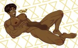 abs big_penis dark_skinned_male disventure_camp facial_hair hand_on_ass james_(disventure_camp) looking_at_viewer male_focus male_only muscular_male nose_piercing pattern_background tagme vierosekazzz