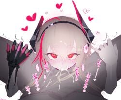 1boy 1girls blonde_hair blowjob blush cum cum_in_mouth cum_leaking eonsang fellatio female girls'_frontline girls'_frontline_2:_exilium heart leg_grab long_hair looking_at_viewer m4_sopmod_ii_(girls'_frontline) male mechanical_arm naked nude oral oral_sex orgasm red_eyes soppo_(girls'_frontline_2) sweat sweatdrop