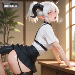 1girl ai_assisted ai_generated black_horns black_tail blue_eyes cock_in_pussy collar cowgirl creampie demon_horns dragon_tail embarrassed hair_between_eyes harness horns inside leaning_forward mialygosa moaning outside parted_bangs pointy_ears ponytail pussy_sex rolling_eyes saliva shaking short_hair side_view skirt stockings tree white_hair white_shirt