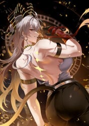 1girl absurdres arm_strap ass back_muscles back_view bare_shoulders belt biceps big_ass big_breasts black_choker black_gloves black_horns black_pants breasts choker collar commentary confident curled_horns earrings exposed_back female female_focus female_only from_behind gloves grey_hair highres hips hips_wider_than_shoulders horns hot_as_fuck huge_ass jewelry key_earrings large_breasts long_hair looking_at_viewer looking_back median_furrow mommy mommy_kink mouth_hold muscular muscular_female necktie necktie_around_wrists pants profile red_eyes red_necktie revision scar scars shirt shirt_tucked_in shoulder_blades sideboob solo tail tight_clothes tight_pants toned toned_female torn_clothes torn_clothing torn_shirt very_long_hair white_hair white_shirt wuthering_waves zani_(wuthering_waves)