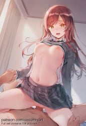 1boy 1girl 2026 ai_generated black_skirt blush breasts brown_eyes brown_hair clothed_female_nude_male clothed_sex clothes_lift cocomiyart collared_shirt cowgirl_position curtains dress_shirt girl_on_top grey_skirt grey_sweater hetero highres holding_hands idolmaster_shiny_colors indoors interlocked_fingers long_hair long_sleeves looking_down medium_breasts miniskirt navel nipples no_bra no_panties nsfw nude on_bed open_clothes open_mouth open_shirt osaki_amana penis plaid plaid_skirt pleated_skirt pov pussy red_hair saliva school_uniform sex shirt shirt_lift skirt skirt_lift solo_focus spread_legs stomach straddling sweat sweater sweater_lift swept_bangs thigh_grab trembling uncensored vaginal white_shirt yellow_eyes