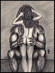 1boy 1girls alien alien_vs_predator ass ass_grab big_ass female interspecies kissing krisstenredfox machiko_noguchi male nude size_difference traditional_media_(artwork) xenophilia yautja