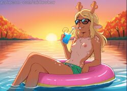ai_generated aicrotor cute deltarune deltarune_chapter_5 drink drinking floatie lake noelle_holiday sunset swimming topless
