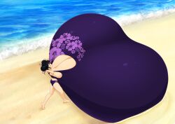 1girls beach big_breasts black_hair black_hair_female breasts breasts_bigger_than_body breasts_bigger_than_head breasts_bigger_than_torso breasts_on_floor casual_hyper cleavage clothed clothed_female colossal_breasts fang_hua_(saburox) female female_only from_above full_body giant_breasts hair_bun hands_behind_head hyper hyper_breasts immobile light-skinned_female light_skin purple_clothing purple_swimsuit saburox sand short_hair short_hair_female solo swimsuit walking water