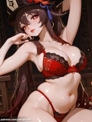 1girl ai_generated alternate_breast_size arm_behind_head arm_up armpits bare_shoulders black_headwear black_nails bow_bra bra breasts brown_hair cleavage closed_mouth collarbone flower flower-shaped_pupils genshin_impact hair_between_eyes hat hat_flower highleg highleg_panties hu_tao_(genshin_impact) lace-trimmed_bra large_breasts lips long_hair looking_at_viewer mihoyo nail_polish navel panties plum_blossoms porkpie_hat red_bra red_eyes red_flower red_panties sitting skindentation solo stomach string_panties symbol-shaped_pupils thighs twintails underwear underwear_only very_long_hair