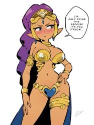 1girls arabian_clothes artist_name barefoot belly_dancer blue_eyes braid braided_hair braided_ponytail cleavage dancer_shantae dark-skinned_female dark_skin earrings english_text female female_only golden_bikini harem_outfit headdress looking_at_viewer metal_bikini pointy_ears ponytail purple_hair rizyrafiq shantae shantae_(character) simple_background smooth_skin solo tiara