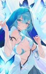 1girls blue_eyes blue_hair breasts breasts_out exposed_breasts female long_hair medium_breasts sideboob the_shorekeeper_(wuthering_waves) veil wuthering_waves