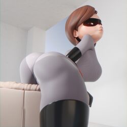 1960s ass ass_focus bent_over brunette clothed disney elastigirl elastigirl_(the_incredibles_2_supersuit) frutplzz helen_parr legs milf no_nude pinup the_incredibles the_incredibles_2