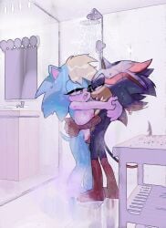 1boy 1girls archie_comics areolae bernadette_hedgehog big_breasts blonde_hair blue_fur commission dark-skinned_male green_eyes hug huge_breasts keiph_the_tenrec milf nipples nude nude_female original_character pinklilim red_eyes shower shower_head shower_sex sonic_(series) sonic_oc sonic_the_hedgehog_(archie) sonic_the_hedgehog_(comics) sonic_the_hedgehog_(series) standing_sex wet wet_body
